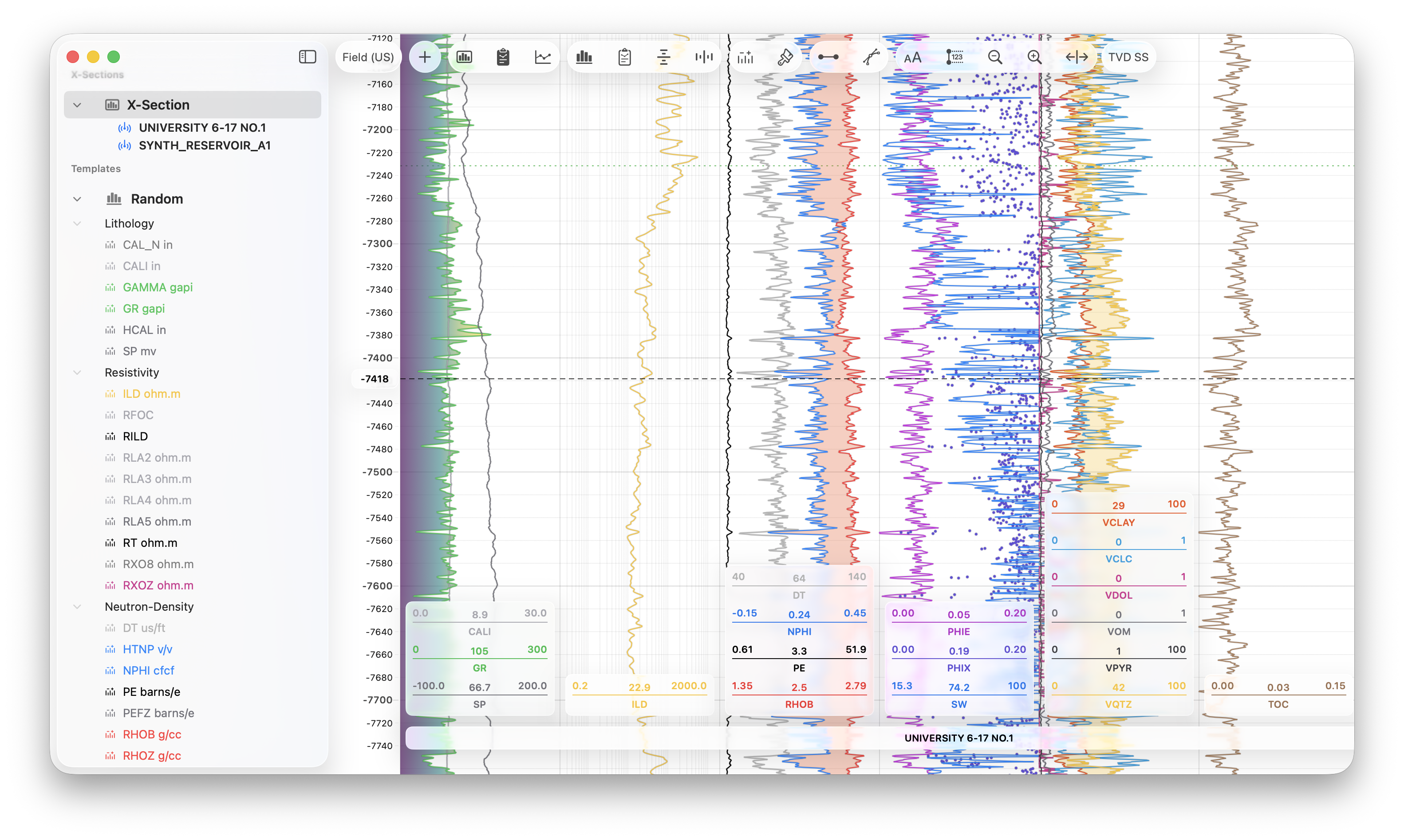 BORIS Subsurface dark interface showing well logs and interpretation workspace