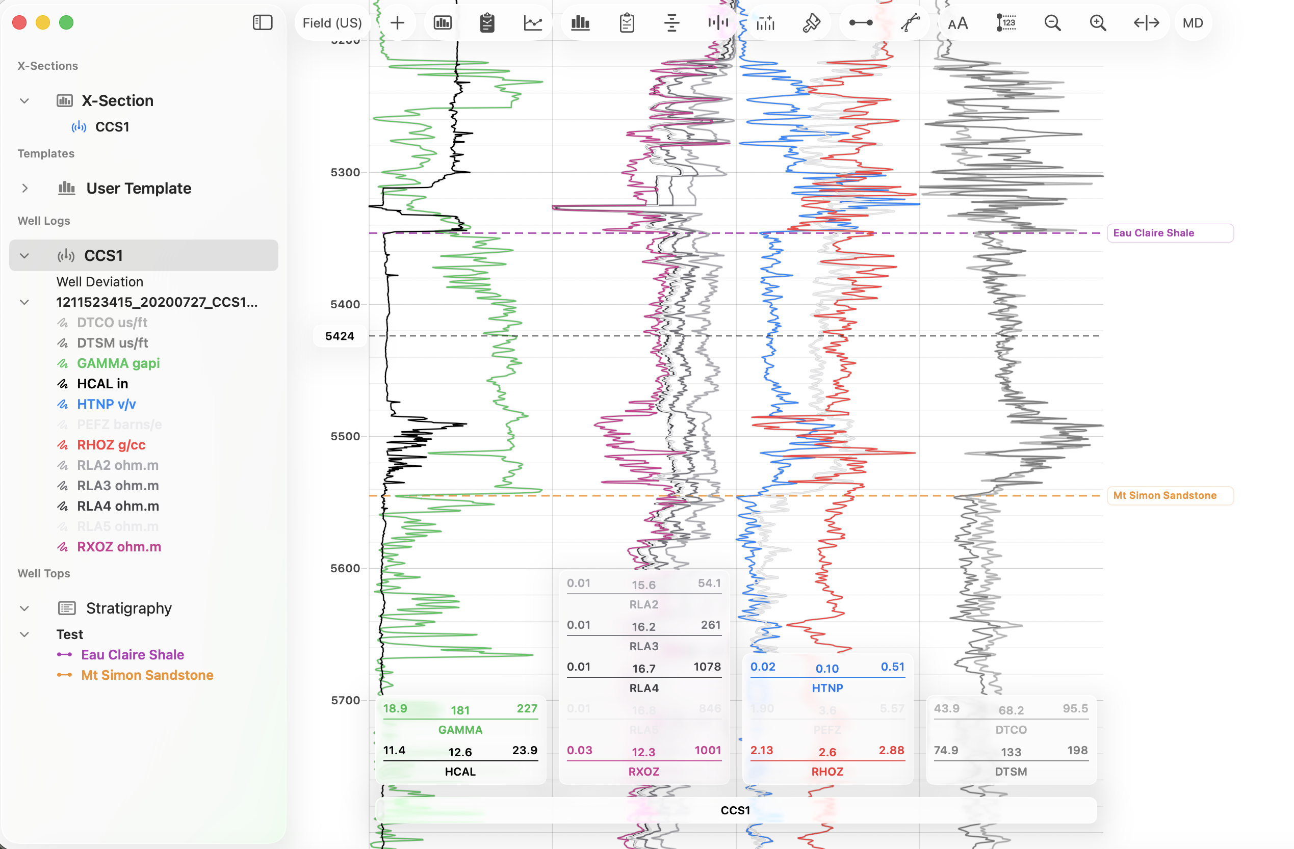 BORIS Subsurface dark interface showing well logs and interpretation workspace